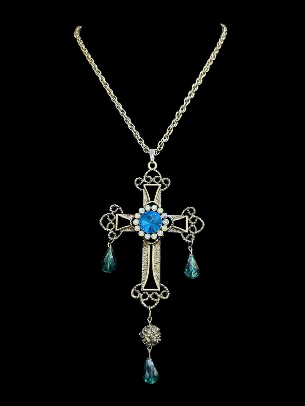 Sarah Coventry Silver-Tone Cross Necklace with Blue and Teal Stones
